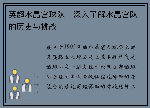 英超水晶宫球队：深入了解水晶宫队的历史与挑战
