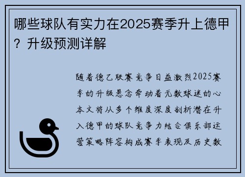 哪些球队有实力在2025赛季升上德甲？升级预测详解